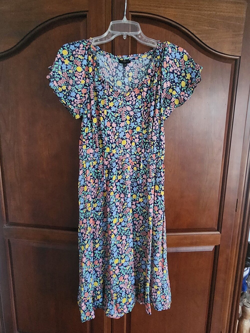 Talbots Floral Flutter-Sleeve Dress in Navy with Pastel Blooms